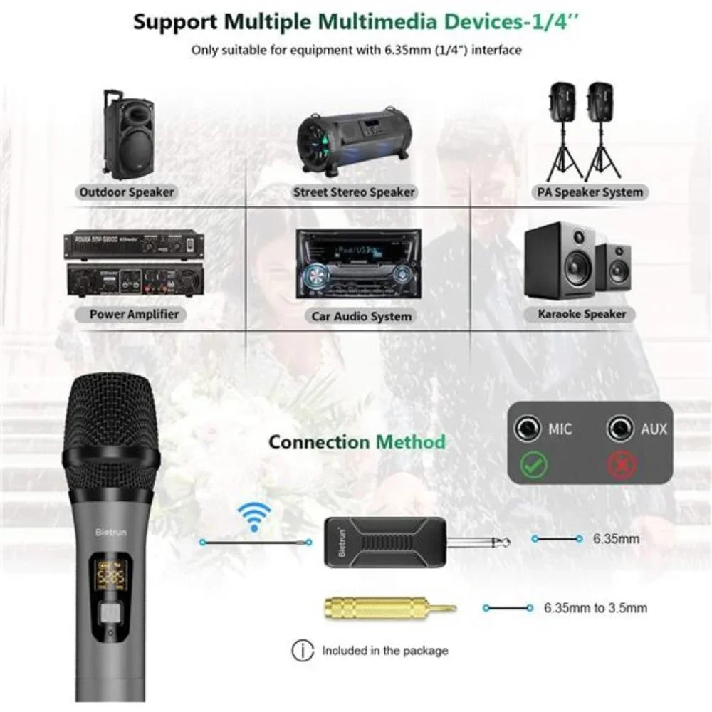 Wireless Microphone, Bietrun UHF Metal Dual Handheld Cordless Dynamic Mic System